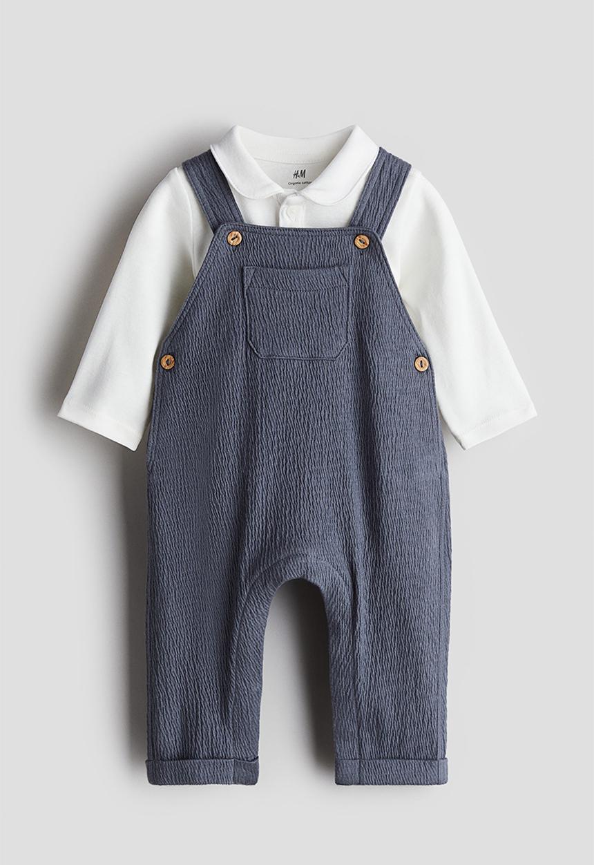 H&M - 2-piece bodysuit and dungaree set - dusty blue/white 