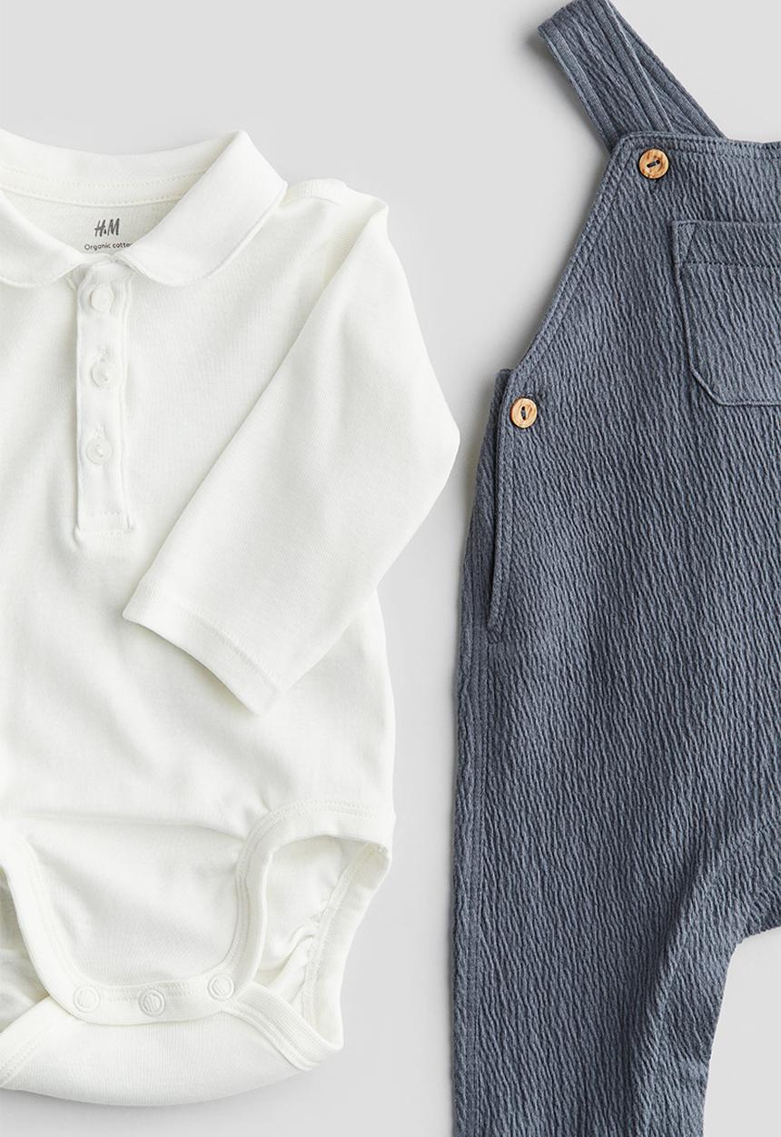 H&M - 2-piece bodysuit and dungaree set - dusty blue/white 