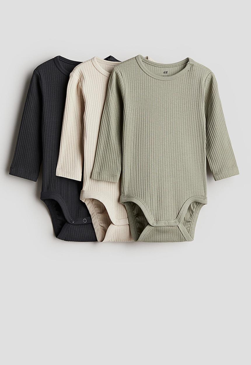 H&M - 3-pack ribbed bodysuits - dark grey/khaki green