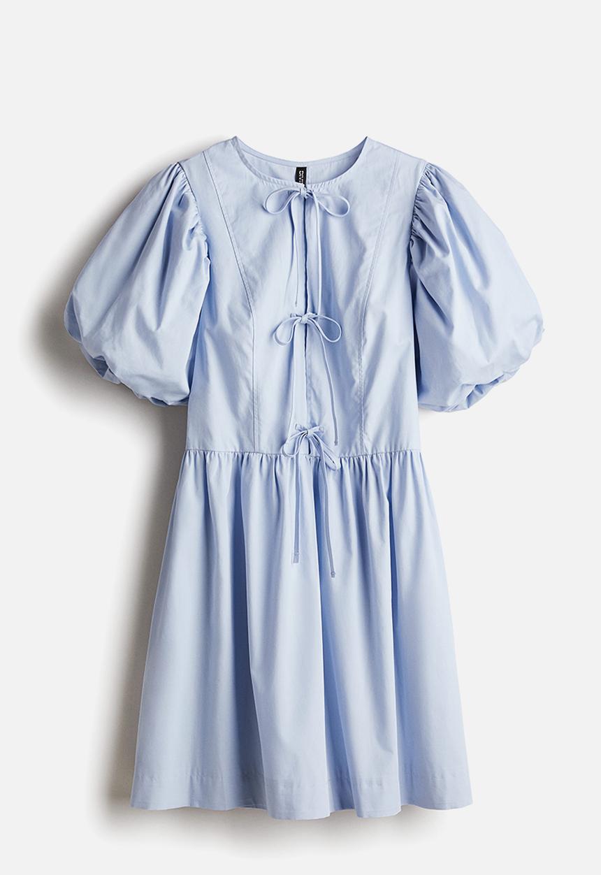 H&M - Tie-detail puff-sleeved dress - light blue