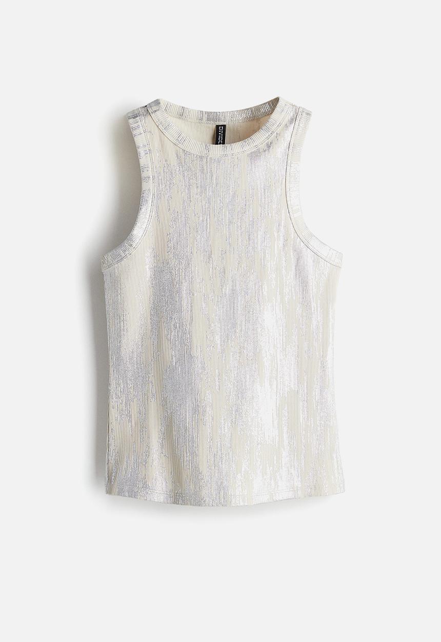 H&M - Ribbed vest top - light beige & silver-coloured