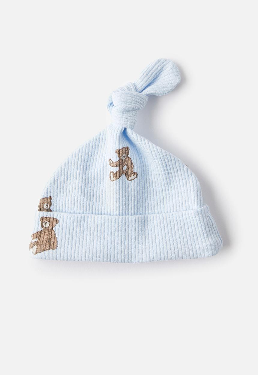 Cotton On - Organic pointelle beanie - white water blue/vintage teddy bears