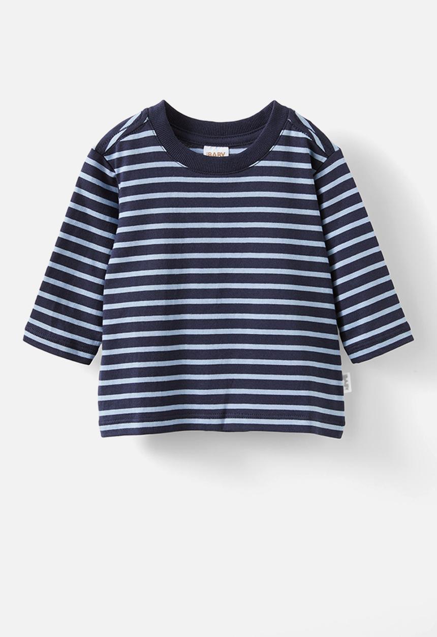 Cotton On - Jamie long sleeve graphic print tee - navy ink/dusty blue stripe