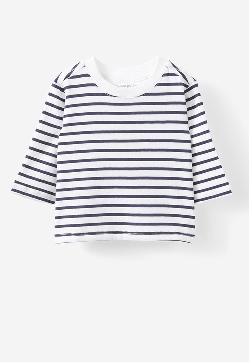 Cotton On - Jamie long sleeve graphic print tee - vanilla/navy ink stripe