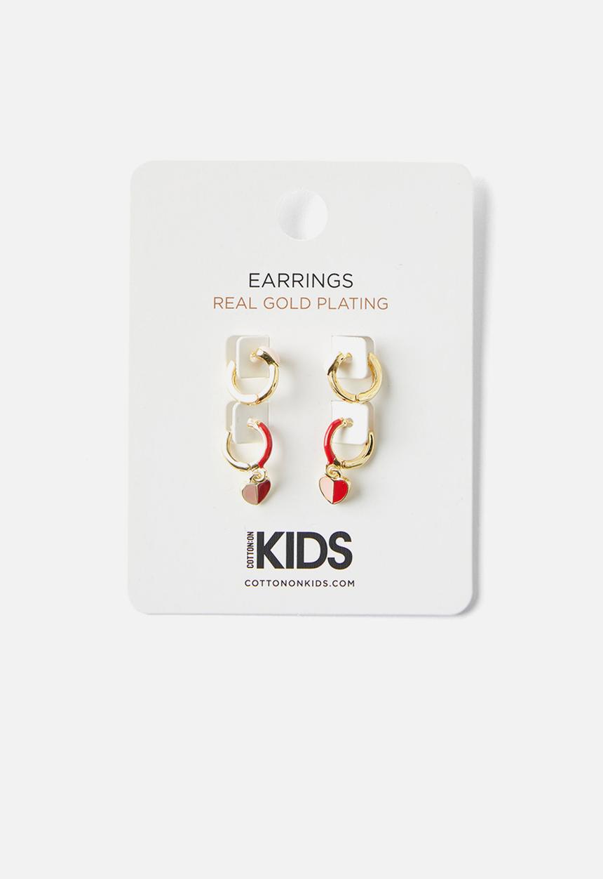 Cotton On - Kids earring set - 12k gold plated pink/red heart huggies