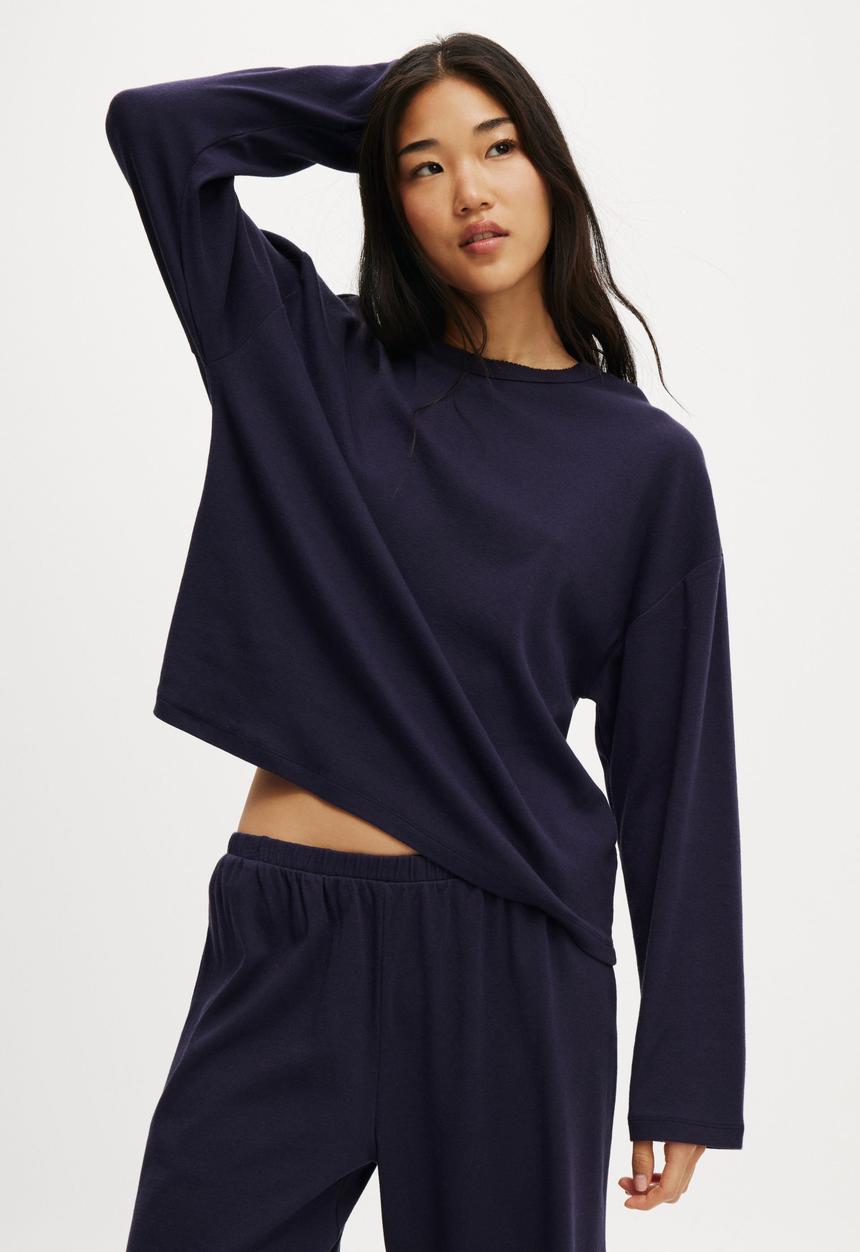 Cotton On - Pointelle Rib Long Sleeve Top - Navy Vision