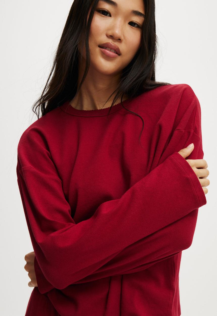Cotton On - Pointelle Rib Long Sleeve Top - Deep Red