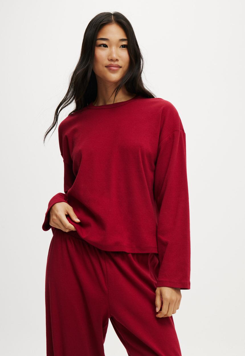 Cotton On - Pointelle Rib Long Sleeve Top - Deep Red