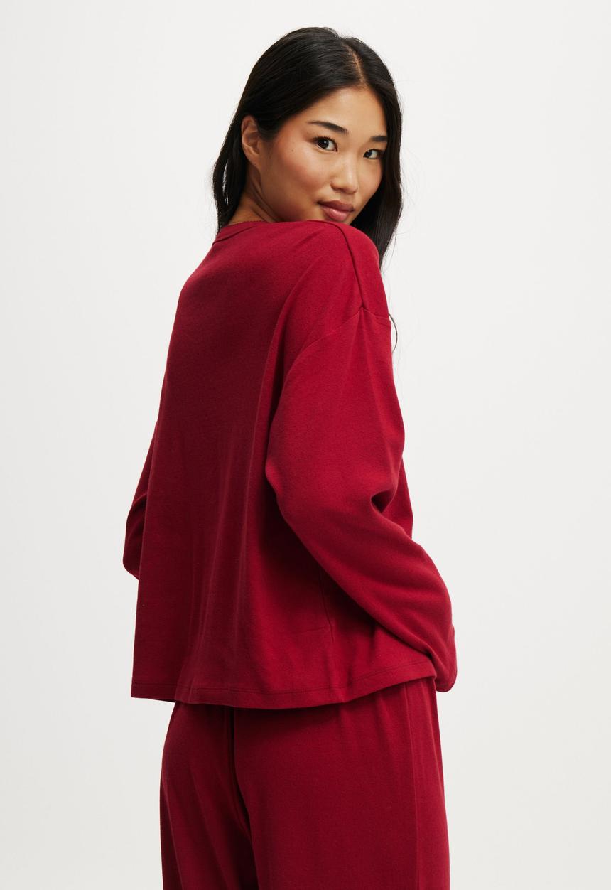 Cotton On - Pointelle Rib Long Sleeve Top - Deep Red