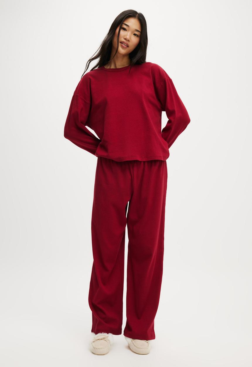 Cotton On - Pointelle Rib Long Sleeve Top - Deep Red