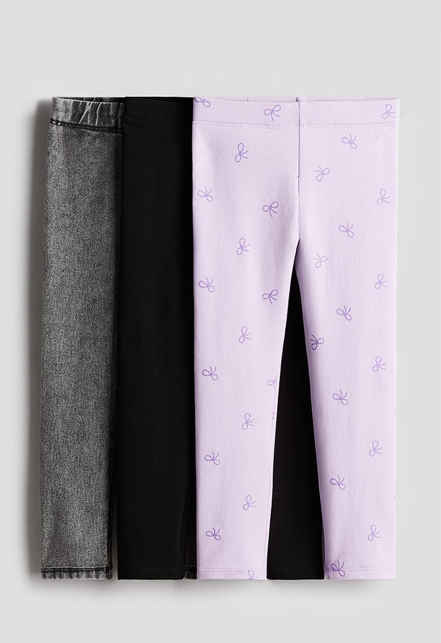 H&M - 3-pack cotton leggings - grey,black,purple