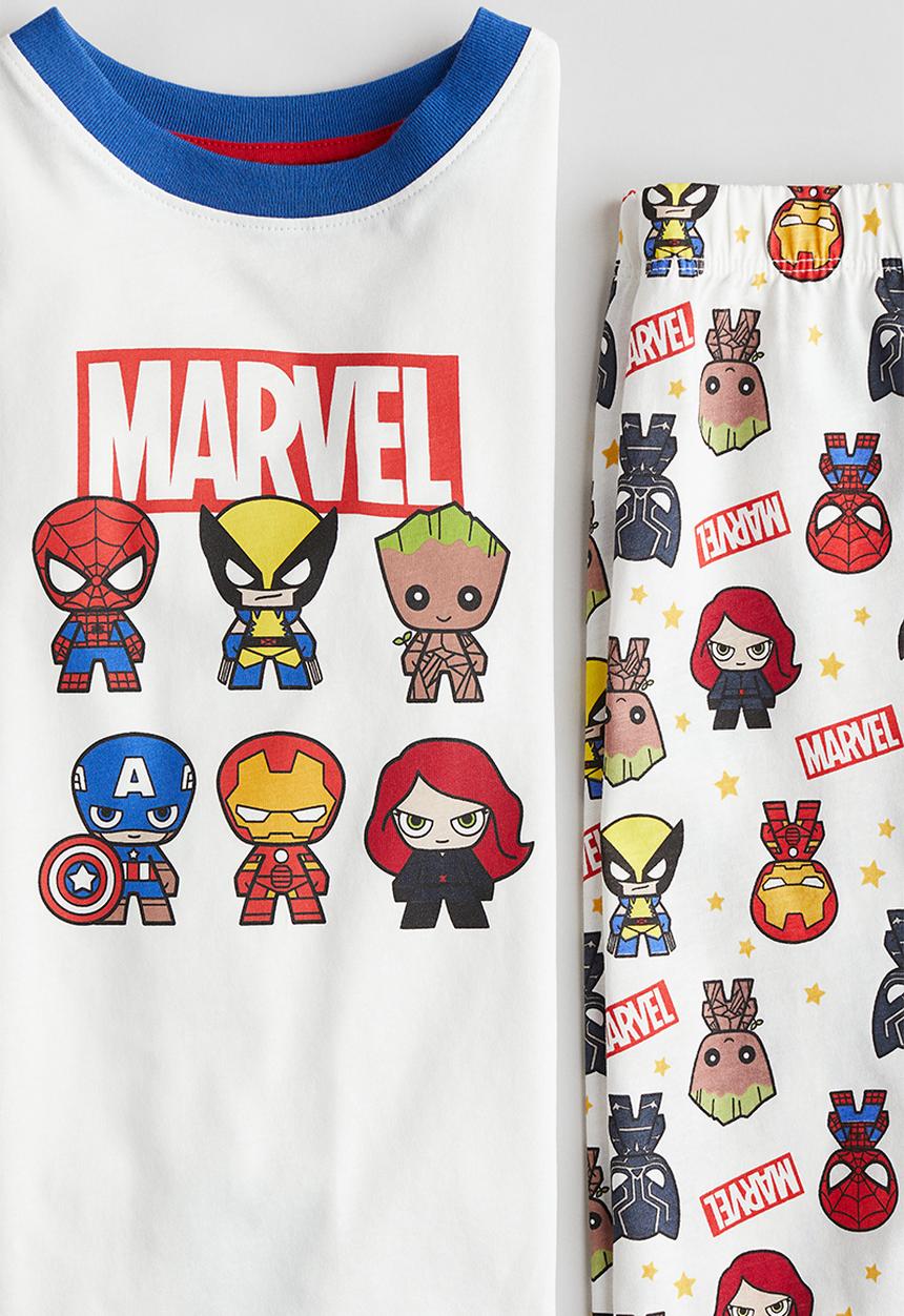 H&M - Printed cotton jersey pyjamas - white/marvel