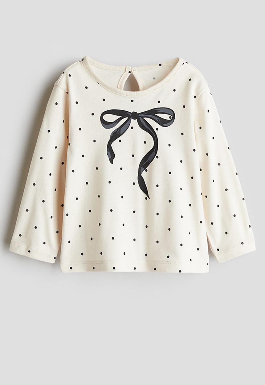 H&M - Printed cotton jersey top - cream/bow