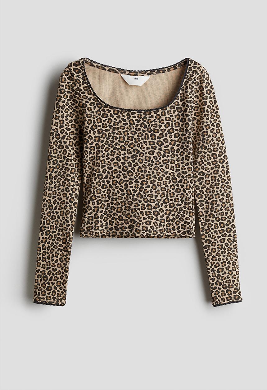 H&M - Picot-trimmed ribbed top - beige leopard-print