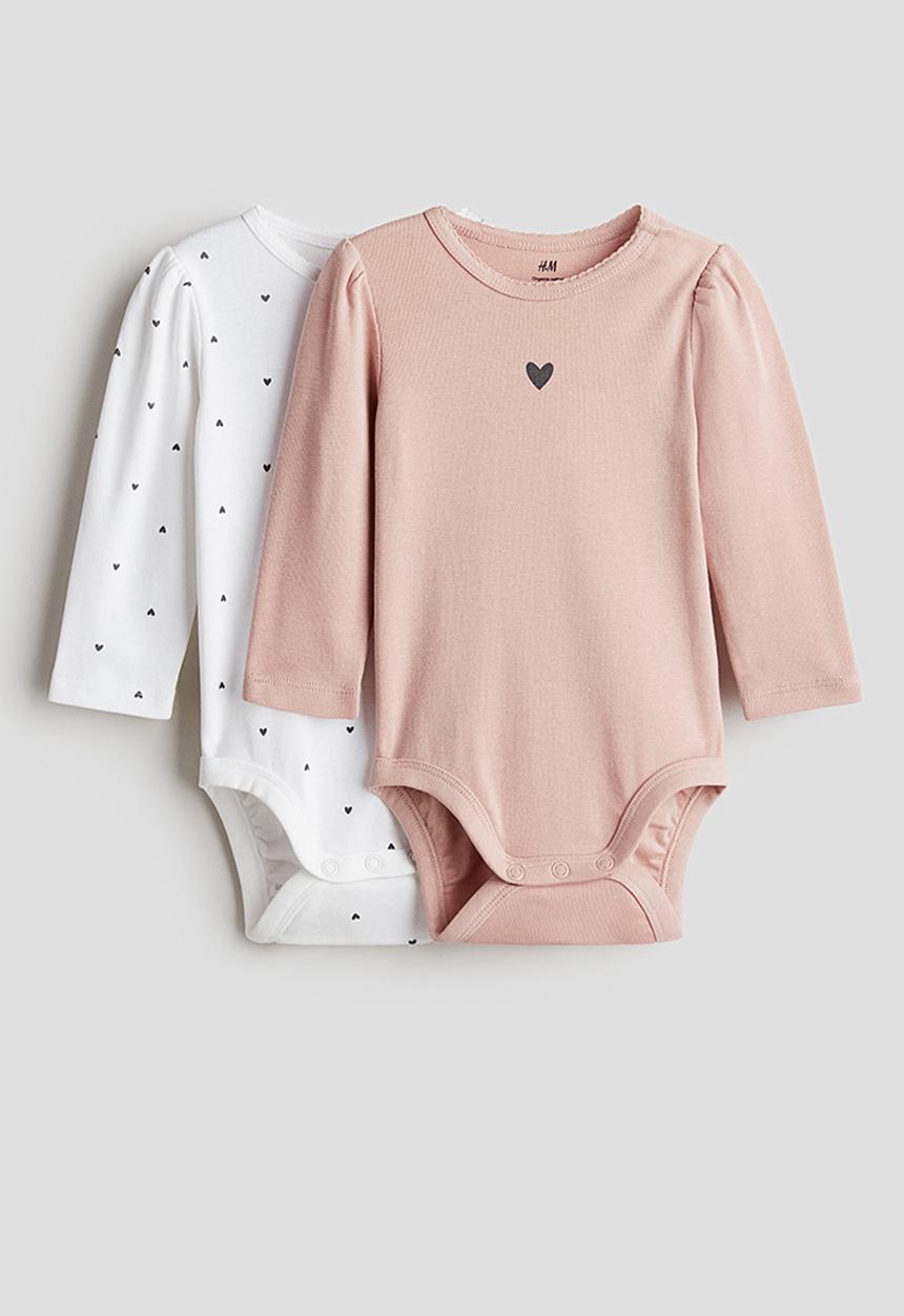 H&M - 2-pack long-sleeved bodysuits - light pink/hearts 