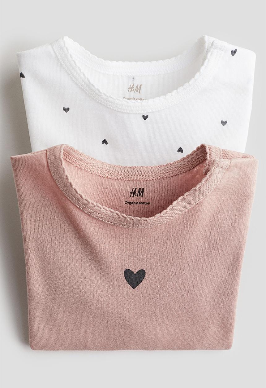 H&M - 2-pack long-sleeved bodysuits - light pink/hearts 