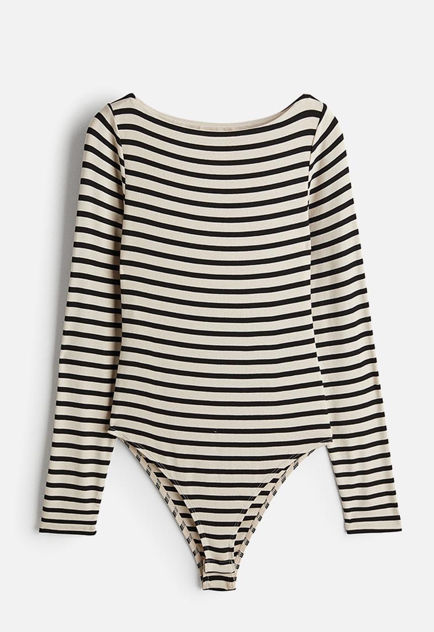 H&M - Boat-neck body - light beige/striped