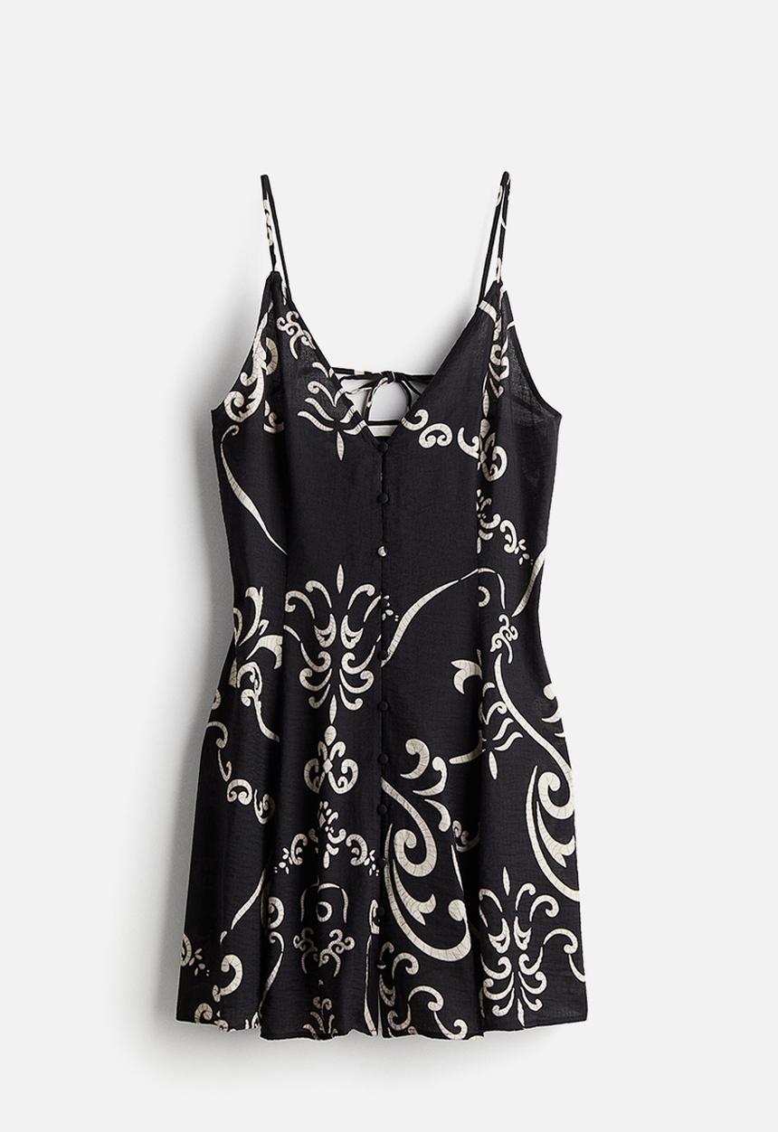 H&M - A-line strappy dress - black/cream patterned