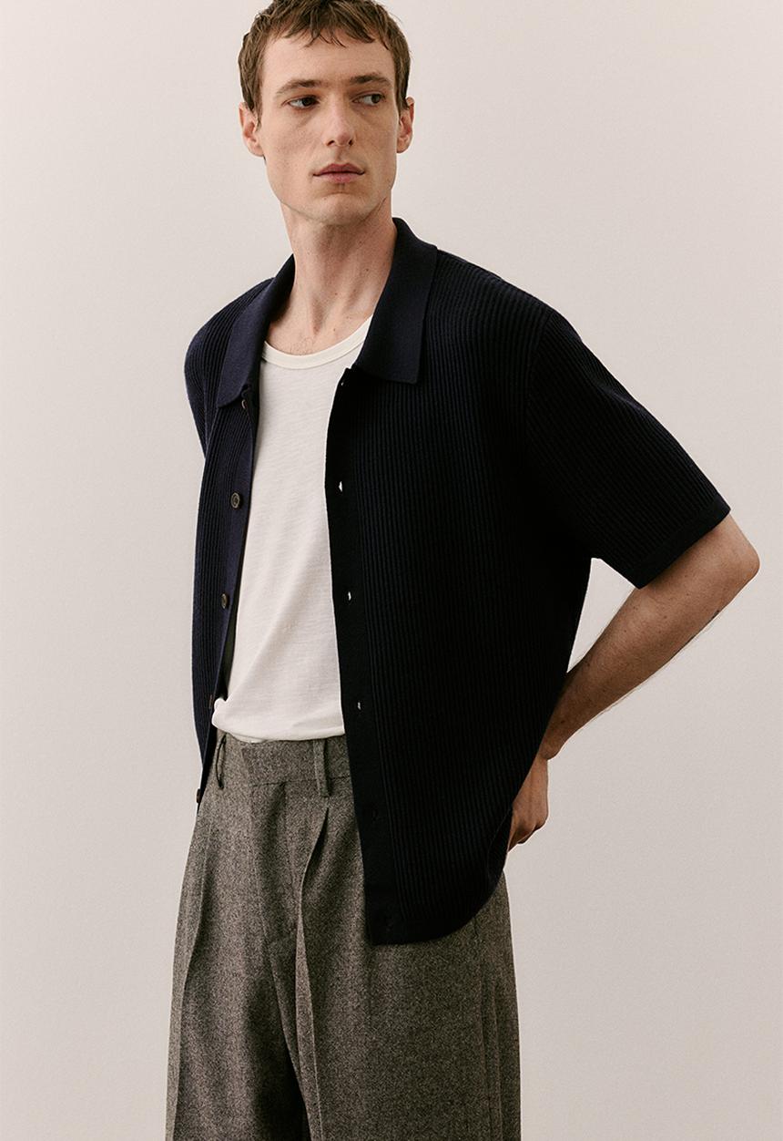 H&M - Regular fit rib-knit resort shirt - navy blue 