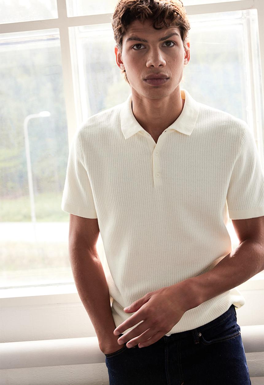 H&M - Slim fit textured polo shirt - white
