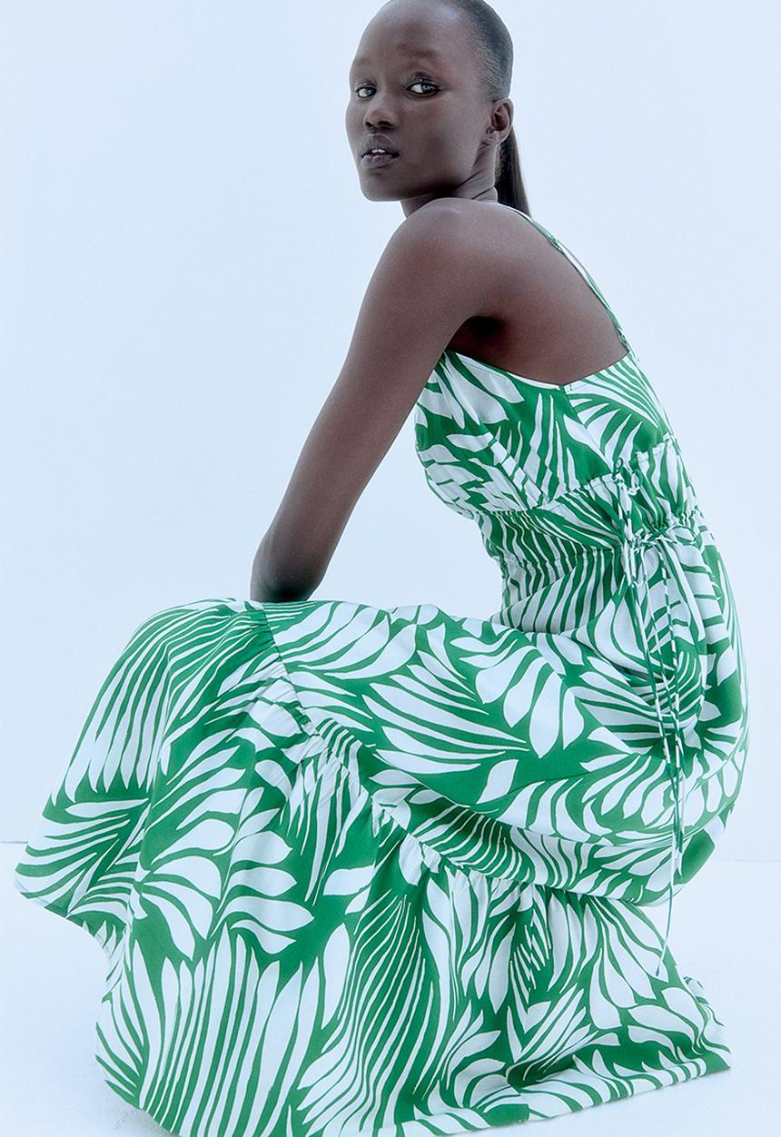 Drawstring-detail maxi dress - green patterned - 1233862009