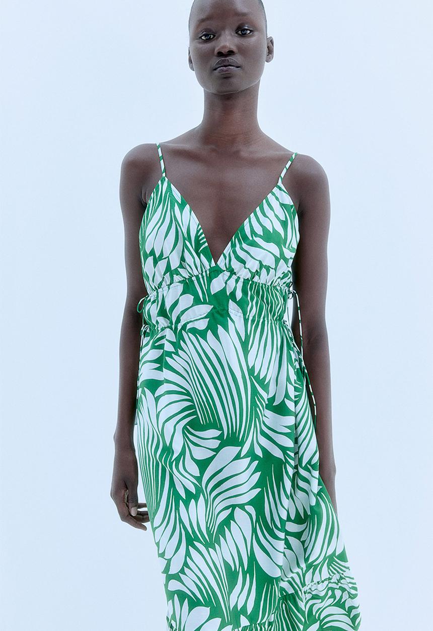 H&M - Drawstring-detail maxi dress - green patterned 