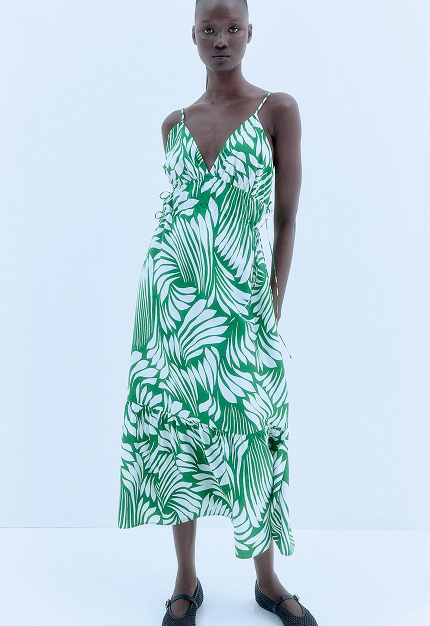 Drawstring-detail maxi dress - green patterned - 1233862009