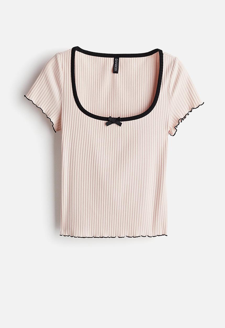 H&M - Overlock-detail ribbed top - light pink