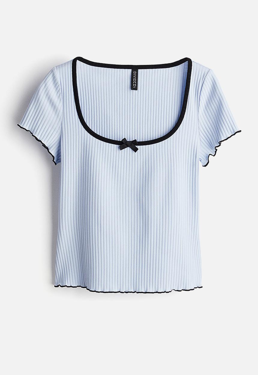 H&M - Overlock-detail ribbed top - light blue