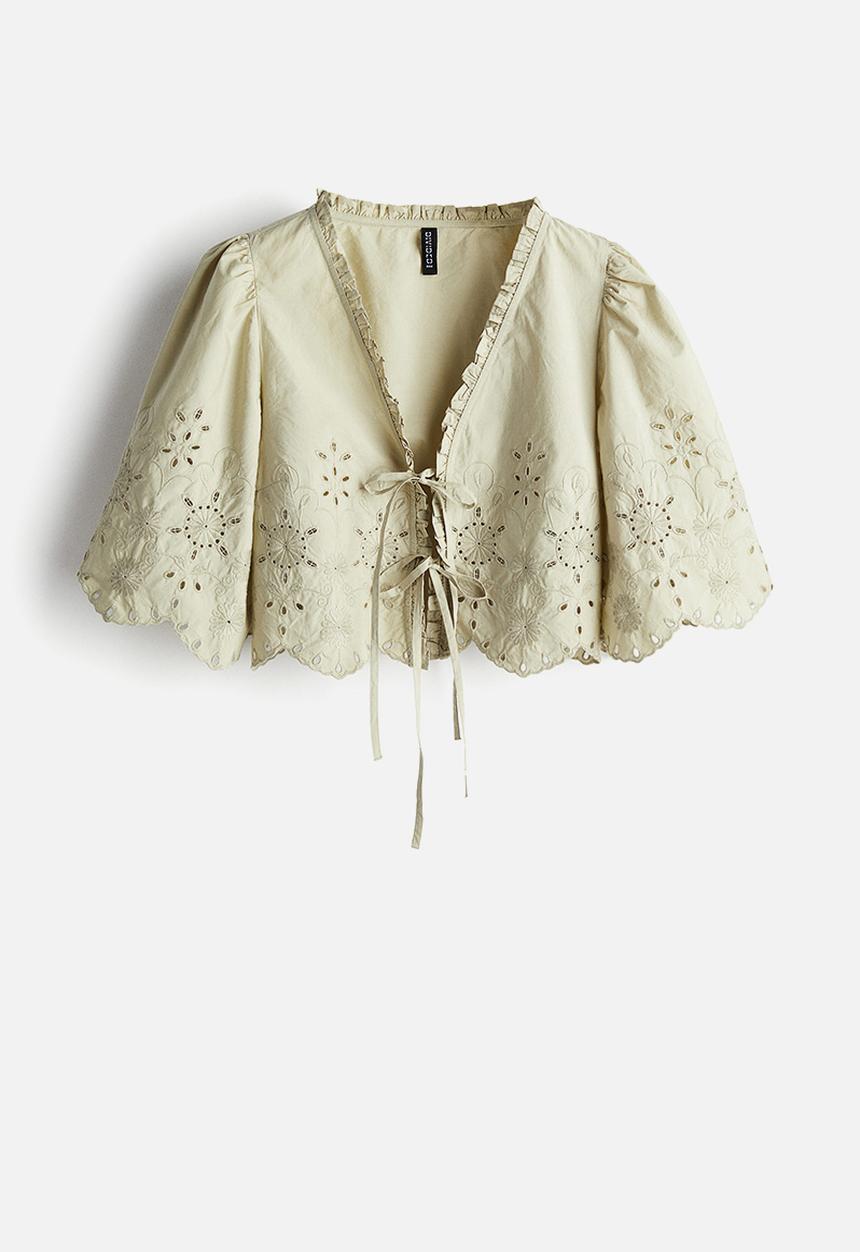 H&M - Cropped broderie anglaise blouse - light khaki green