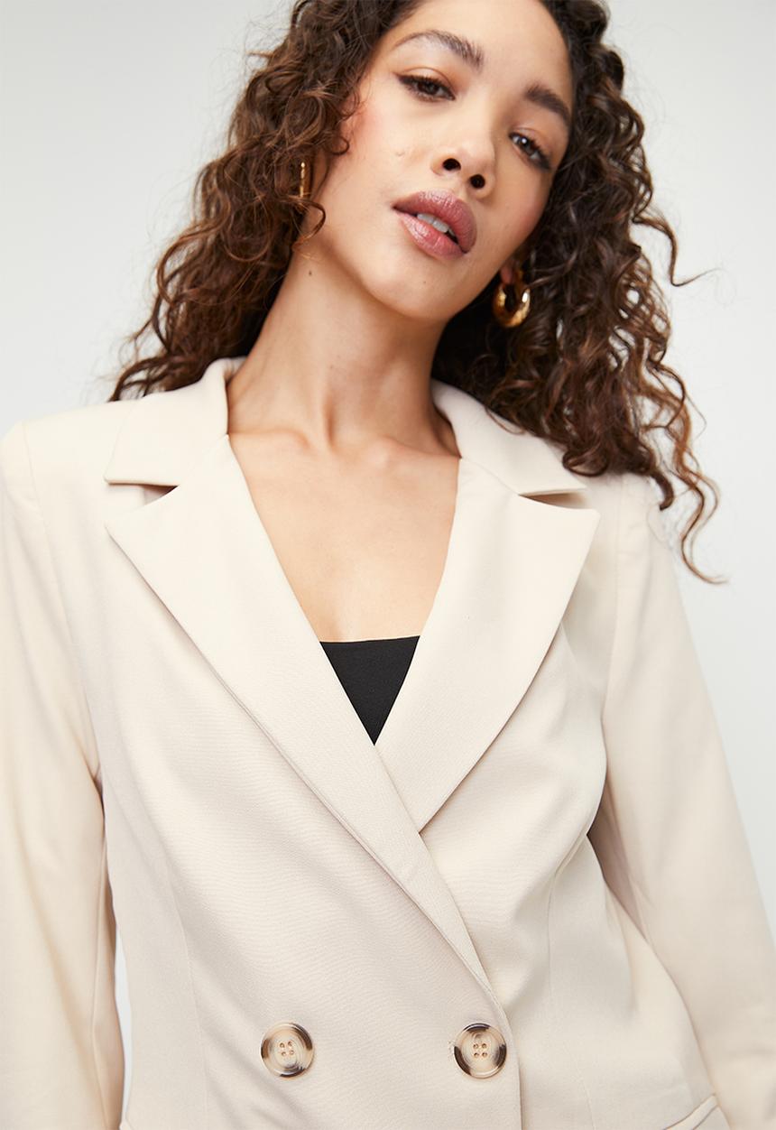 Trendyol - Lined Double Breasted Woven Blazer Jacket - beige