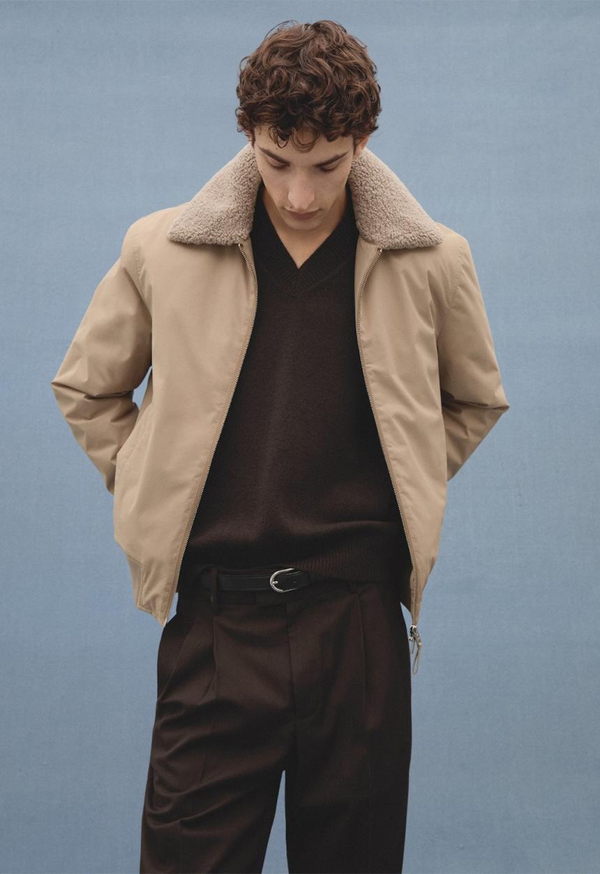 MANGO - Noah Water-repellent jacket with Sheepskin collar - light beige