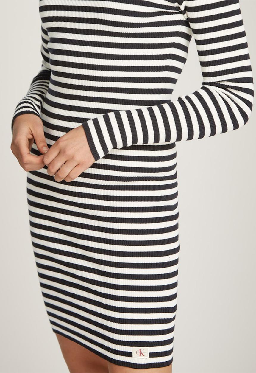 Calvin Klein - Woven Label Tight Sweater Dress - Ivory / Ck Black Stripe