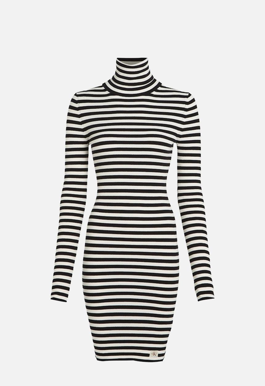 Calvin Klein - Woven Label Tight Sweater Dress - Ivory / Ck Black Stripe