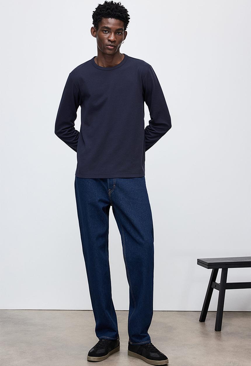 H&M - Regular fit long-sleeved waffled top - navy blue