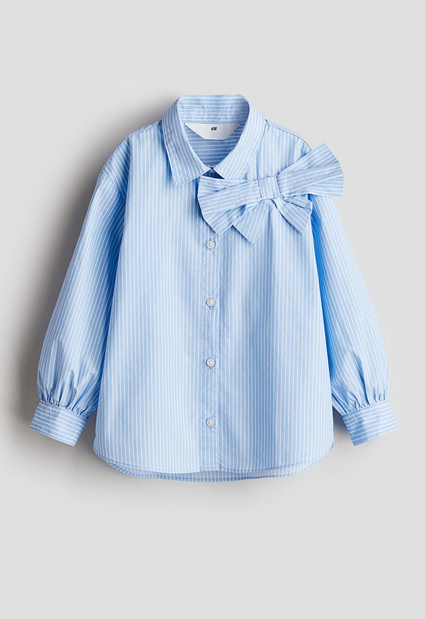 H&M - Bow-detail poplin blouse - light blue striped