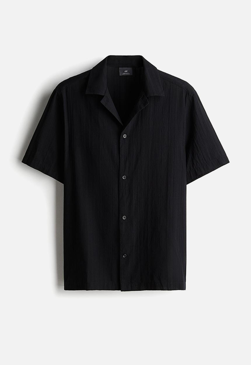 H&M - Regular fit textured-weave resort shirt - black