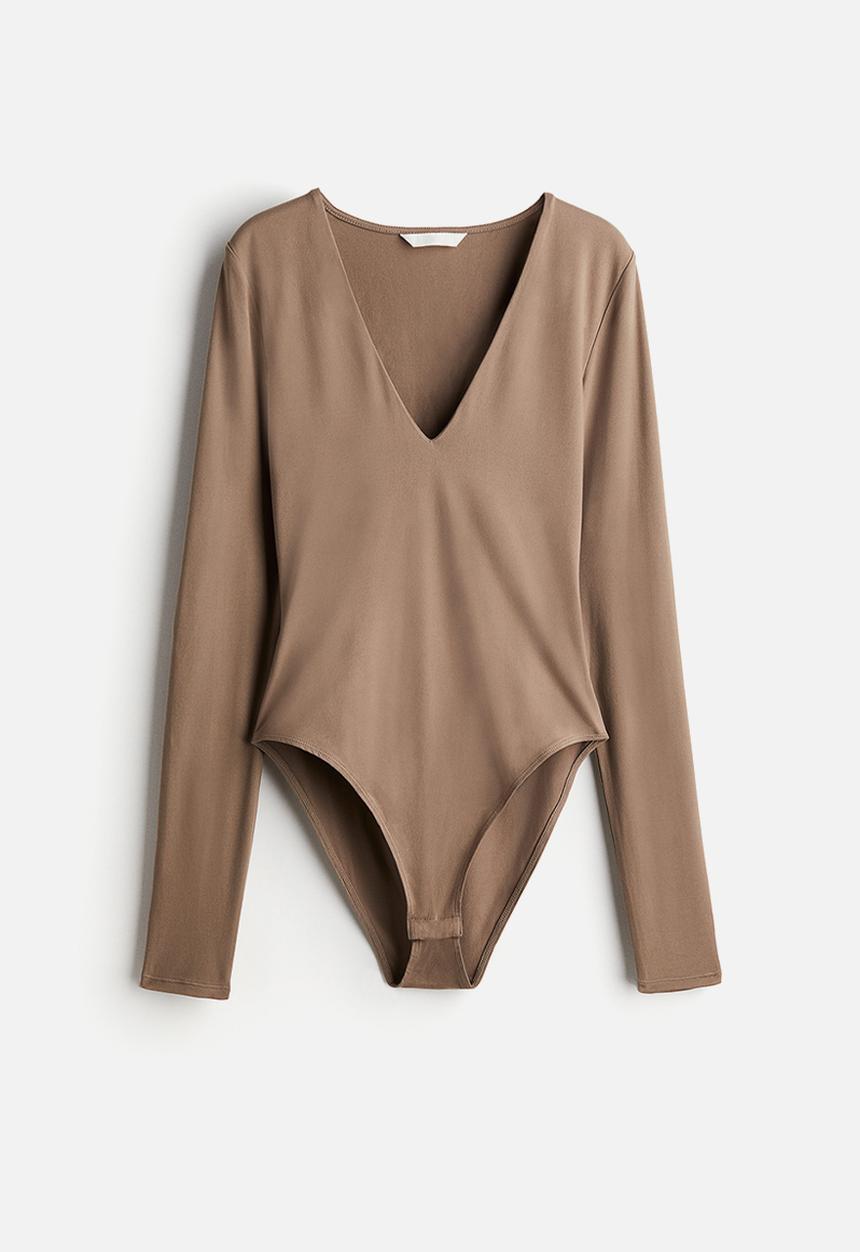 H&M - V-neck bodysuit - dark beige 