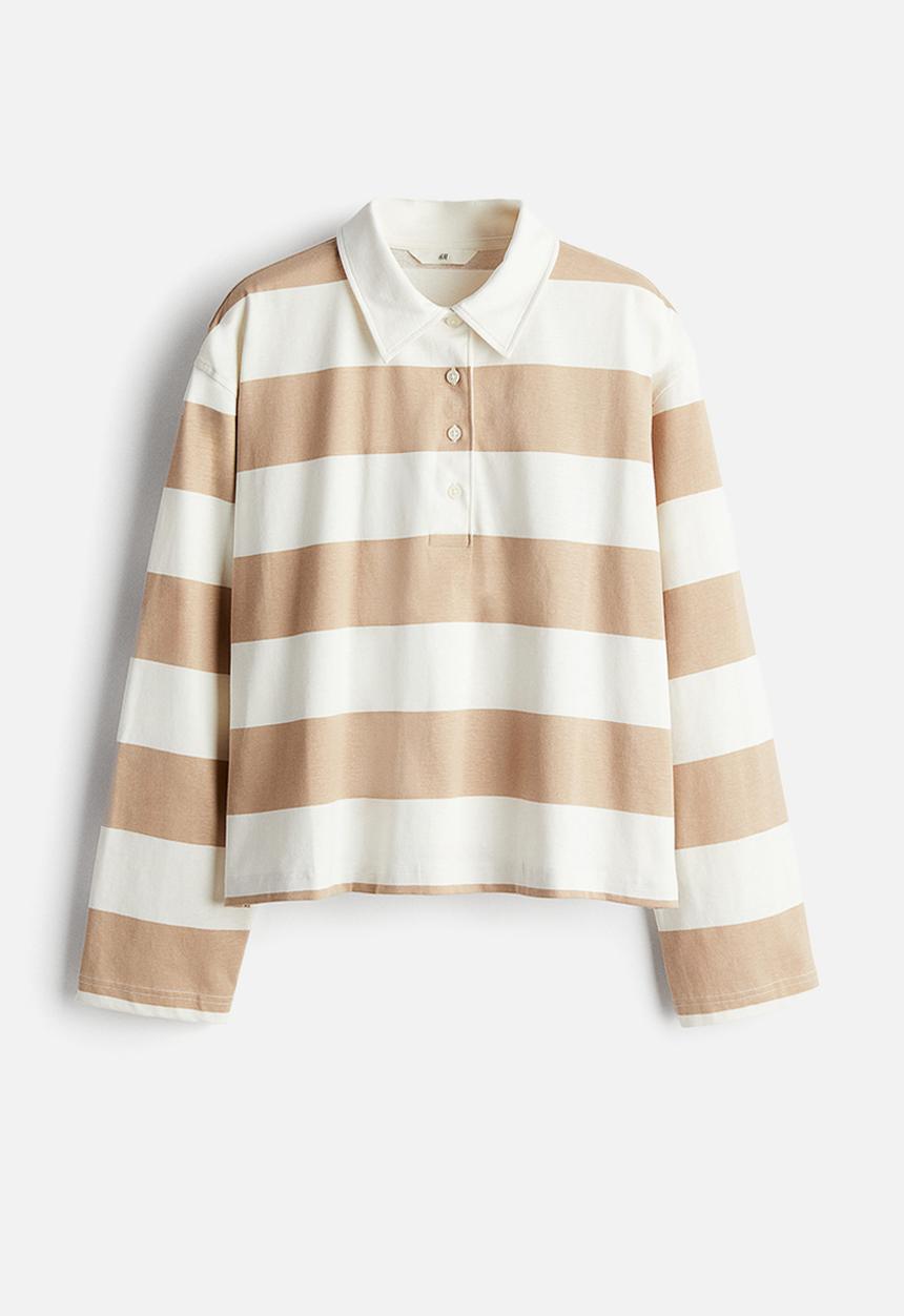 H&M - Oversized polo shirt - white & beige striped