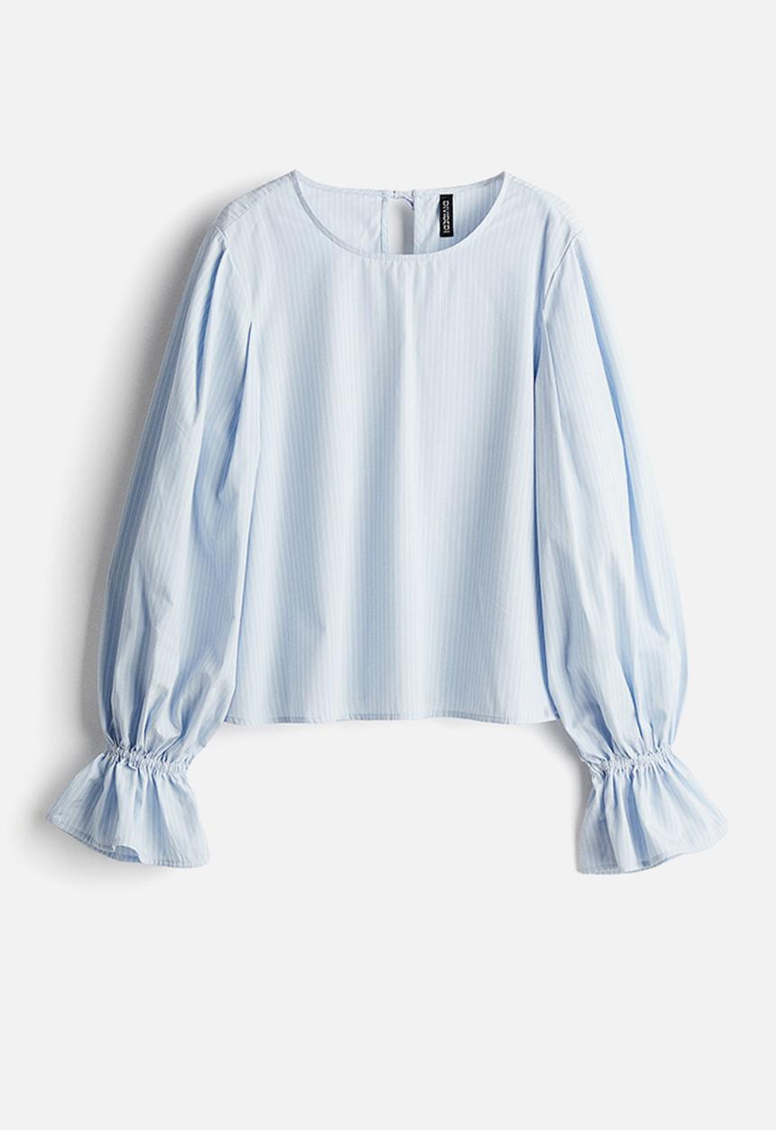 H&M - Tie-detail cotton blouse - light blue striped
