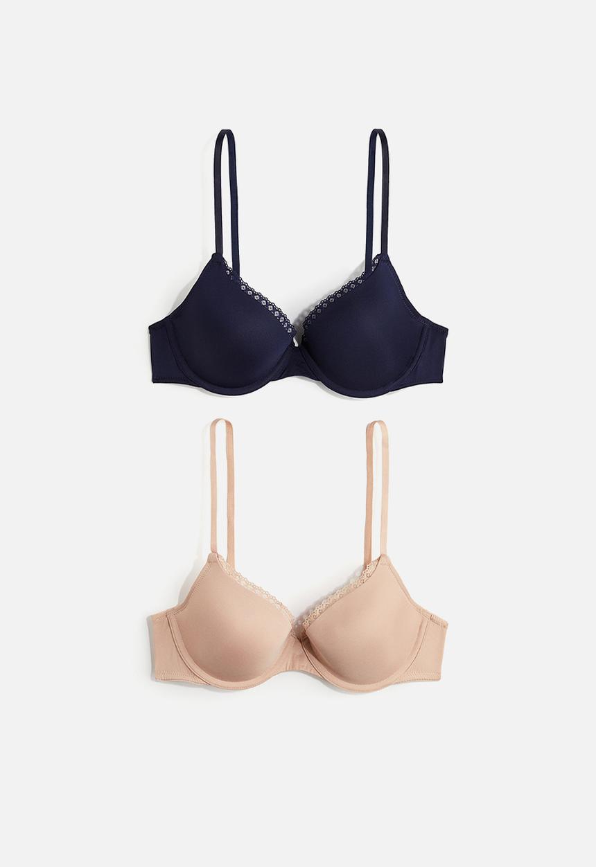 H&M - 2-Pack padded underwired microfibre bras - navy blue & beige