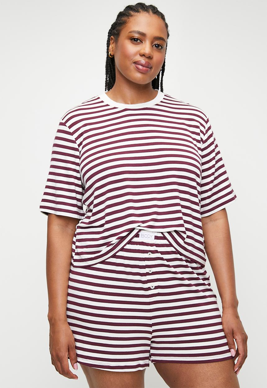 Cotton On - Plus So Soft Short Sleeve Jersey Sleep Set - Dark Oak Claire Stripe