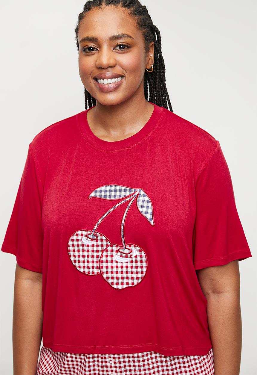 Cotton On - Plus So Soft Short Sleeve Jersey Sleep Set - Warm Cherry/Gingham