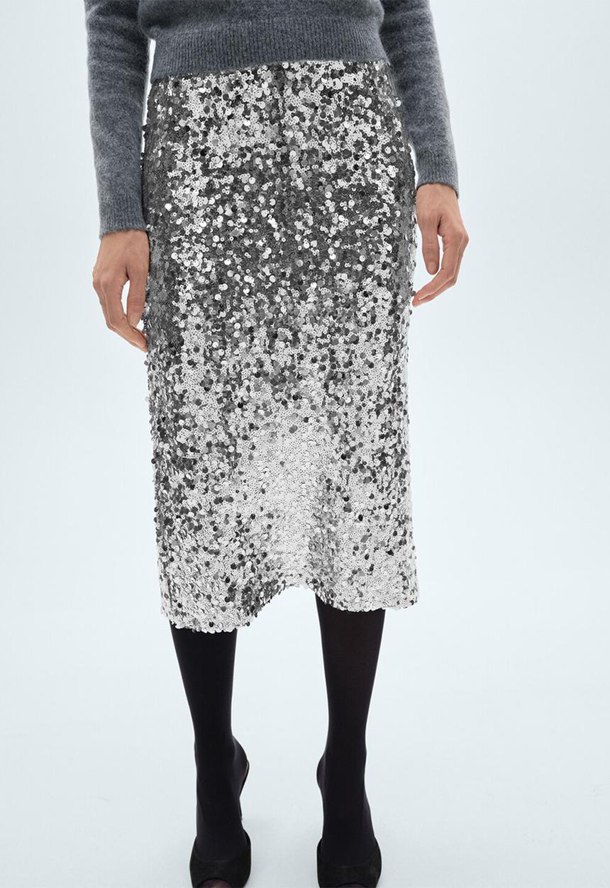 MANGO - Sequin midi skirt - Silver