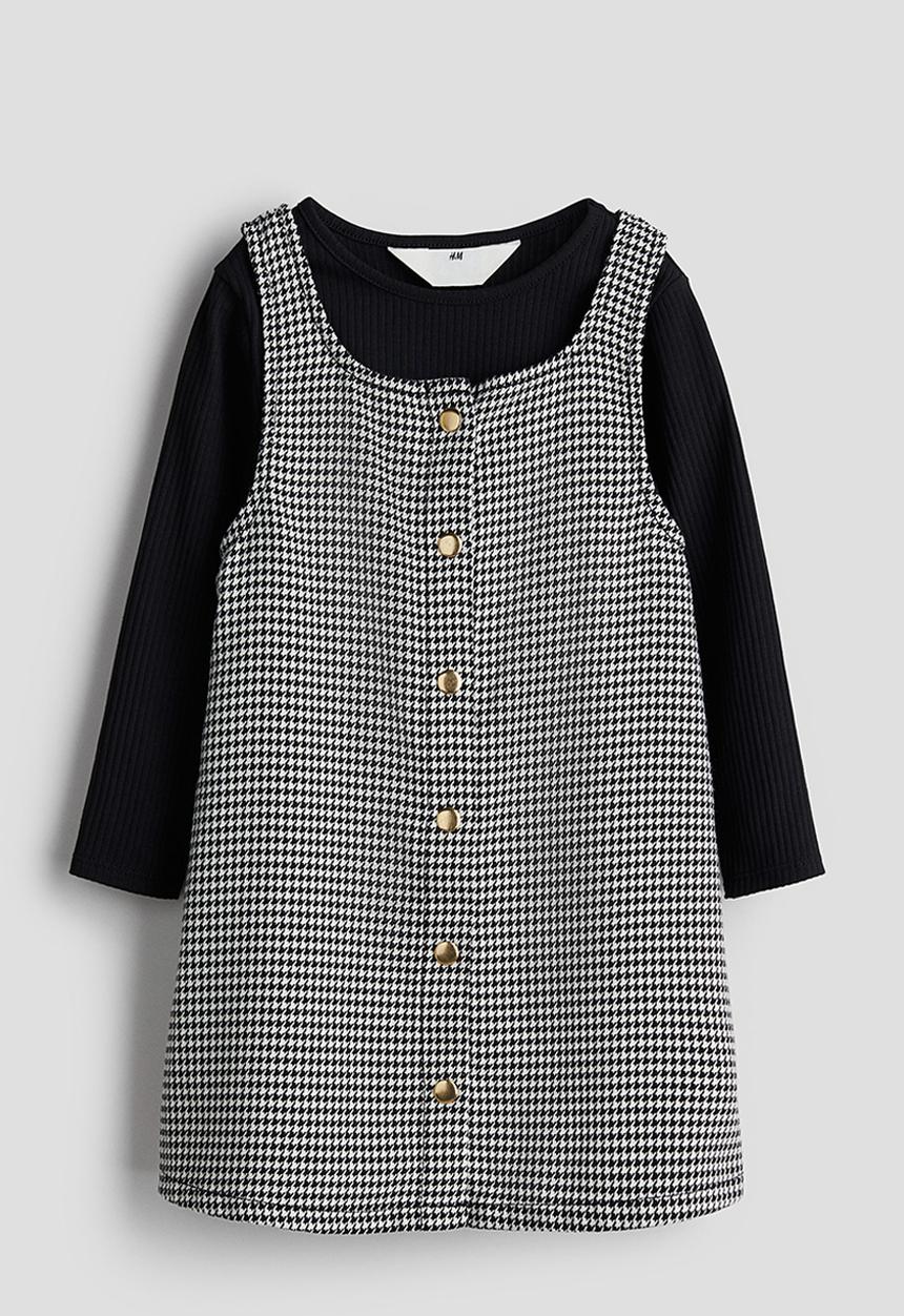 H&M - 2-piece dress and top set - black/dogtooth-patterned 