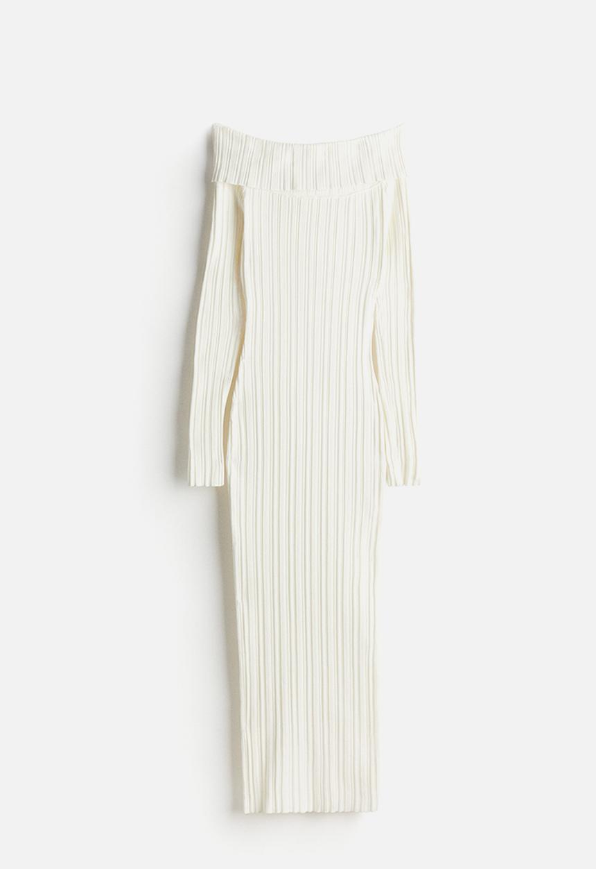 H&M - Rib-knit off-the-shoulder dress - white