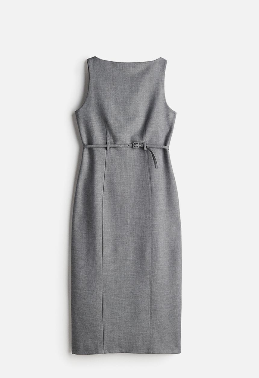 H&M - Belted boat-neck dress - grey marl