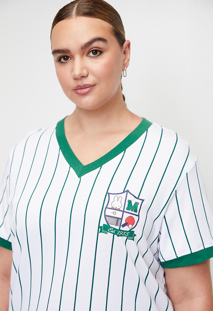Cotton On - Plus Active V Neck Tshirt - Alpine Green Stripe/Lcn Miffy