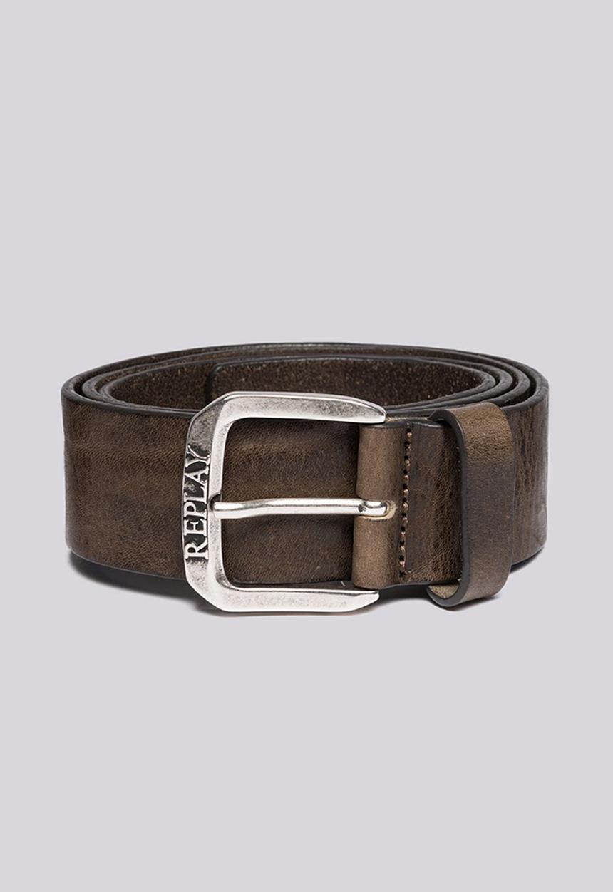 Replay - Vintage Leather Belt - Faded Grey Mud