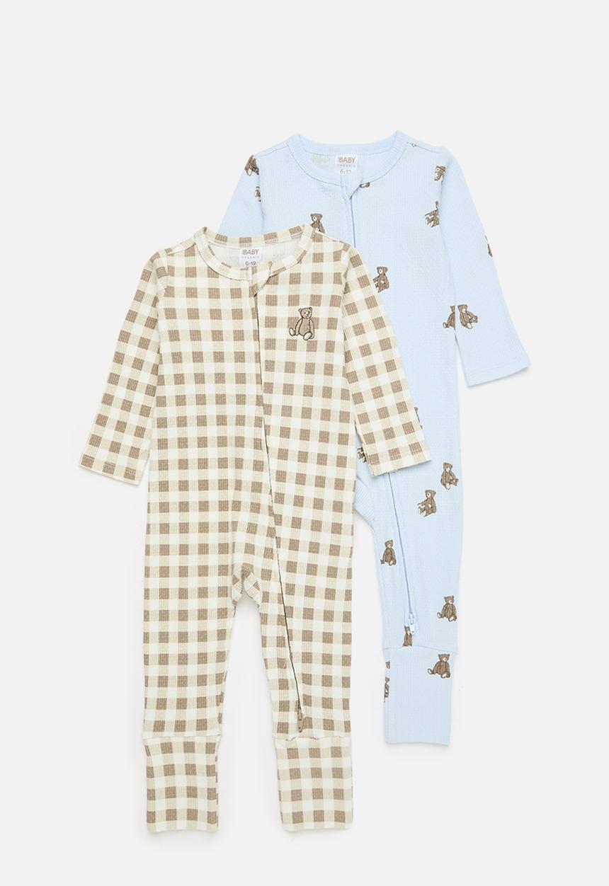 Cotton On - 2 pack organic pointelle zip romper - white water blue/vintage teddy&oatmilkgingham